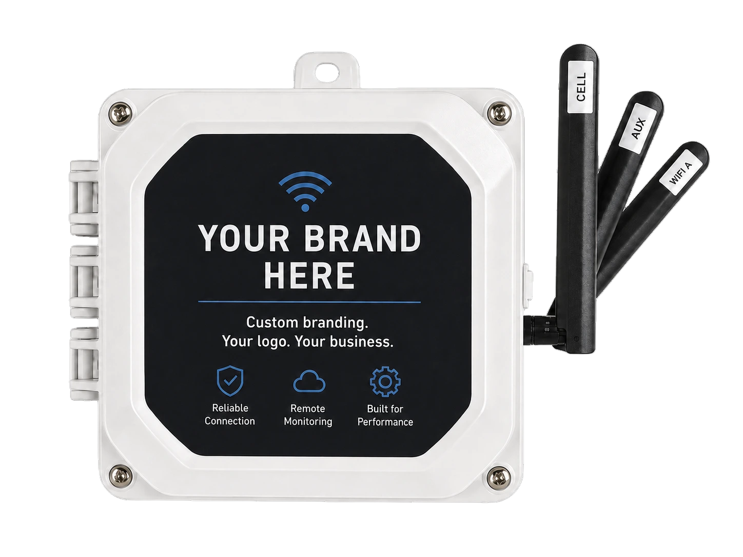 The cellular modem enclosure with a blank faceplate, ready for the customer&rsquo;s own branding, and the cell, auxiliary and wifi antennas