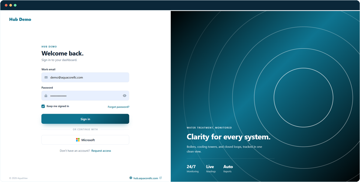 The AquaCore Hub sign-in screen